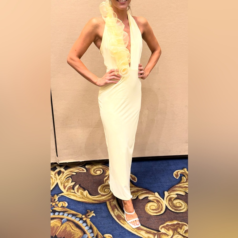 world dress yellow plunge maxi dress